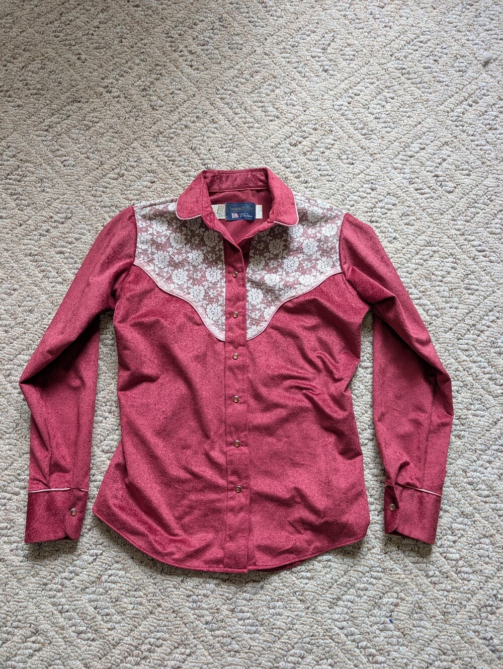 Vintage '90s Mauve Pink Velvet Lace Panhandle Slim Western Button Down Pearl Vtg